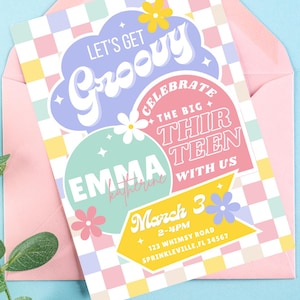 Preppy Groovy Birthday Invitation, Editable Flower Retro Birthday, Teen Party, Teen Birthday, Any Age Disco Girl Birthday, Checkered Smiley