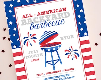4th of July BBQ Invitation Template: Red, White, and Blue (Printable, Editable)