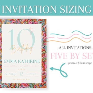 May include: A birthday invitation with a colorful sprinkle border. The invitation features the text "10th Birthday" in a light blue hue, along with the name "Emma Kathrine" and event details. The text "All invitations are five by seven" is also present.