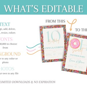 May include: An image showcasing editable invitation templates. The text highlights options for text, fonts, background, and photos. Two sample invitations are displayed, one for a 10th birthday and another for a baby announcement.