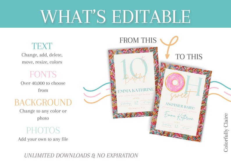 May include: An image showcasing editable invitation templates. The text highlights options for text, fonts, background, and photos. Two sample invitations are displayed, one for a 10th birthday and another for a baby announcement.