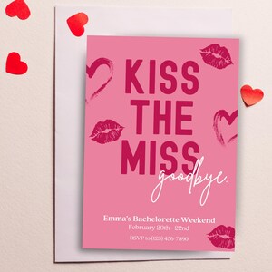 Edytowalne zaproszenie na wieczór panieński, szablon zaproszenia Kiss The Miss Goodbye, Nash Bash, weekendowy wieczór panieński, pocałunek szminką