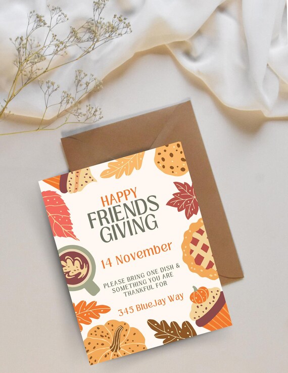 Fall Leaves Friendsgiving Invitation Template, Editable Thanksgiving Invite (Digital Download)