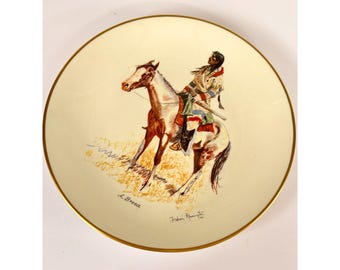 Plato de colección "A Breed" de Frederic Remington de Gorham Fine China / Borde dorado / Decoración del hogar con temática del Oeste