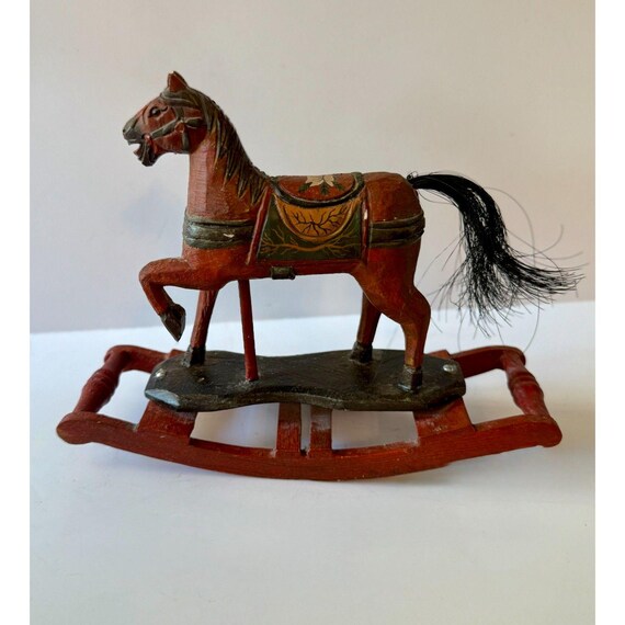Old rocking horse with real body hair Folk Art Antique Wooden Rocking Horse with Original Paint and Real Horse Hair main image 1