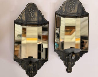Vintage Home Interiors Mirrored Wall Sconce Pair | Black Metal Candle Holders | 16.5" | Dark Cottagecore Gothic Decor