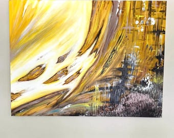 May include: Abstract painting with a predominantly yellow and gold color palette. The artwork features dynamic brushstrokes and textures, with hints of brown and gray. The composition evokes a sense of movement and light, with a focus on the interplay of colors and forms.