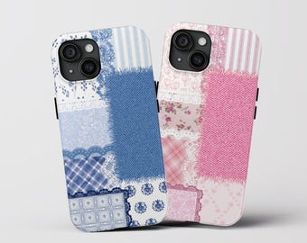 Coquette Collage Blue Tile Phone Case Pink Baby Blue Phone Case blue line phone case Blue Plaid phone case Aesthetic mobile iPhone case