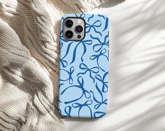 Blue Bow Phone Case, Ribbon Tough Phone Case, Bows Slim Phone Case, iPhone 16 15 14 13 12 11 Pro Max, Samsung S24 S23 S22 S21 S20 Plus Ultra