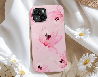 Pink lily phone gift Personalized Name Phone Case, custom bright floral phone case lily iphone case name custom phone lily flower case gift