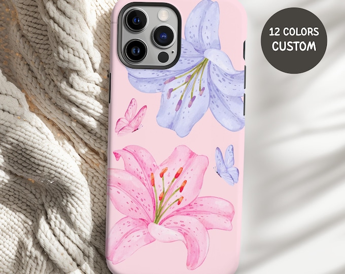 Featured listing image: Butterfly Lily phone case, lily iphone case, Name personalized custom floral iphone, Pink lily phone gift ideas, purple butterfly phone case