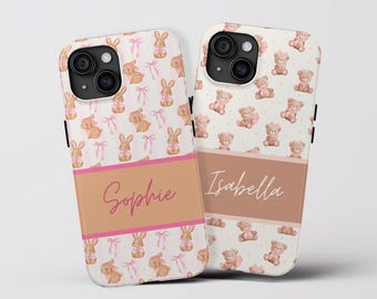 Personalized teddy bunny pattern bow pattern phone Teddy Phone Case bunny phone case Pink Coquette Ribbon small teddy pattern bunny iPhone