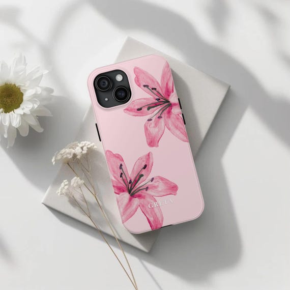 Pink Lily Phone Case Custom Name for iPhone X to 17 and Samsung