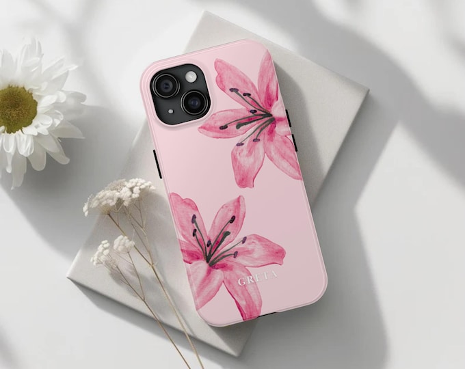 Featured listing image: Lily Phone Case, Pink lily phone gift, lily cover for phone, lily iphone case, lily flower case, Lily Lover Gift, custom name on phone
