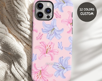 Personalized Name or Initials Pink and Blue Lily Phone Case, lily iphone case, lily Samsung Case, 12 Color Themes Butterfly Lily Lovers Gift