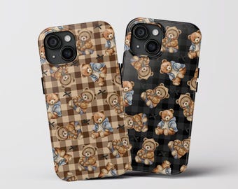 Cute Teddy Phone Case, Kawaii Bear Phone Case, plaid iPhone case, beige checkers phone case, Black Checkers Iphone Case, teddy bear iphone