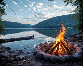 Lakeside Campfire Print – Cozy Wilderness Fire Scene – Rustic Nature Wall Art – Outdoor Adventure Cabin Decor – Tranquil Lake Photo