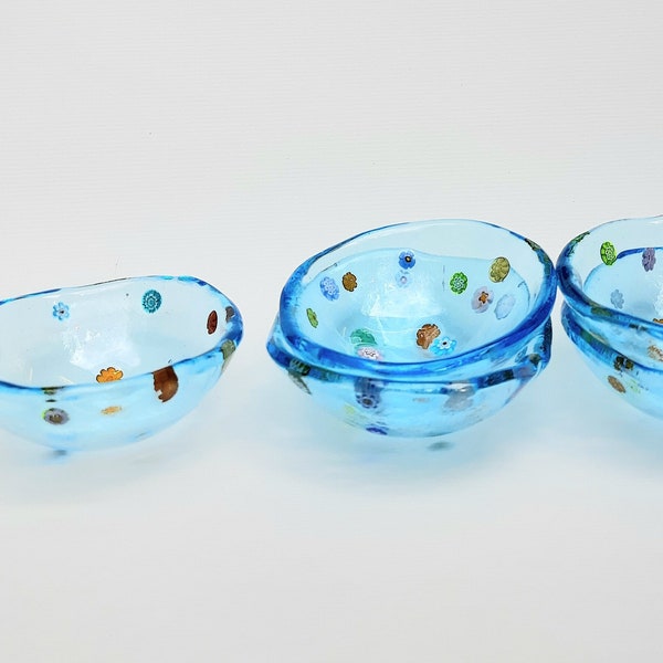 Set of 2, Turquoise blue floral Murano glass mini dipping bowls