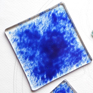 Square fused glass coasters with cobalt blue color pigments
