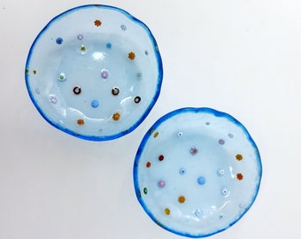 2個セット、手作りターコイズブルーの花柄ガラスボウル、ミルフィオリ