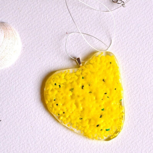 Fused glass yellow heart pendant necklace, Valentines day gift