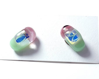 Dichroic Mint green powder pink sparkly glass stud earrings, dichroic glass posts. fused glass jewellery