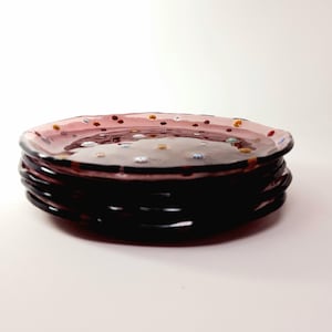 Juego de 6 platos de postre de vidrio color amatista de 15 cm y 6 pulgadas con incrustaciones de murrini florales multicolores, regalo para el Día de la Madre.