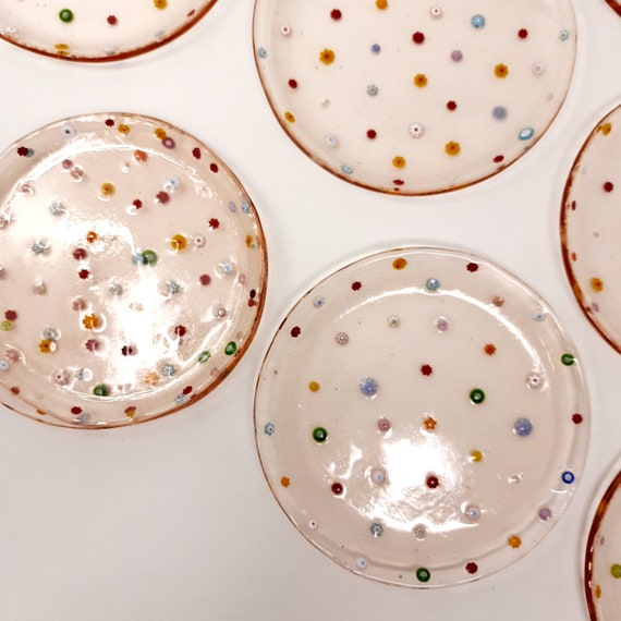 ムラーノガラスの花模様の象嵌皿 6枚セット：ライトオレンジの