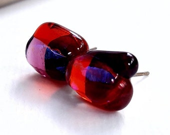 Cranberrry Pink dichroic glass stud earrings ,  fused glass post earrings, cherry earrings, glass jewellery