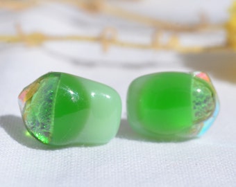 Spring Green Dichroic glass stud earrings ,  fused glass jewellery, sariyer
