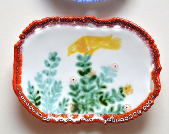 Nightingale, enamelled red murrine adorned glass dish, art glass vessel