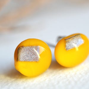 Canary yellow glass stud earrings with sterling silver , fused glass jewellery, sariyer image 1