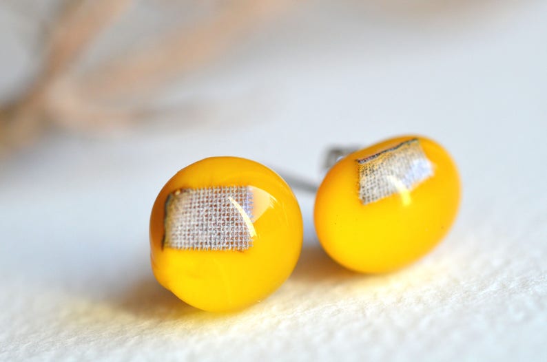 Canary yellow glass stud earrings with sterling silver , fused glass jewellery, sariyer image 1