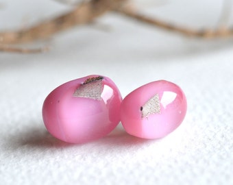 Sterling Silver Petal Pink glass stud earrings, Rose glass studs