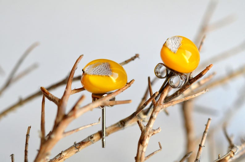 Canary yellow glass stud earrings with sterling silver , fused glass jewellery, sariyer image 2