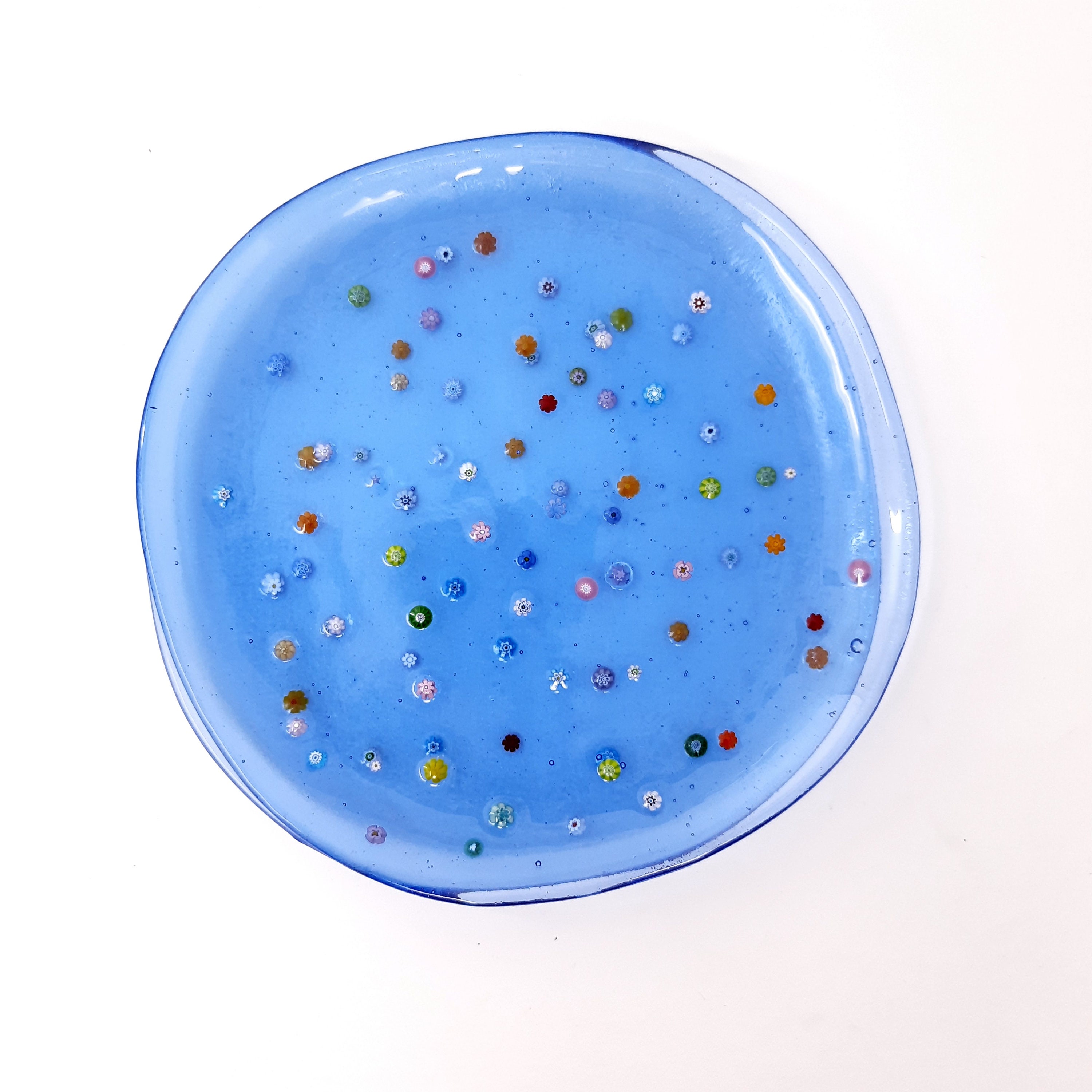 2 pcs, 20 cm blue floral glass dessert plates, plates for summer tablescape, blue floral mix shown Medium size