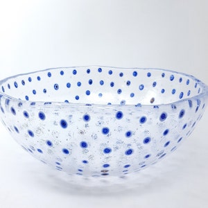 Large clear glass bowl with floral murrini inlays, large fruit bowl,  modern serving bowl