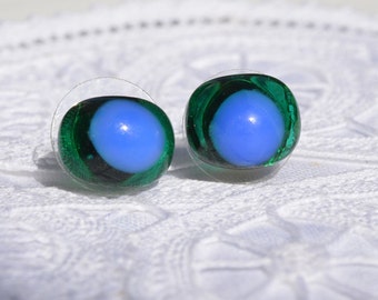 Pine Green periwinkle glass stud earrings ,  fused glass jewellery, sariyer