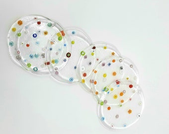 Untersetzer aus klarem Glas mit Millefiori Blumen - Künstlerischer Wohnakzent