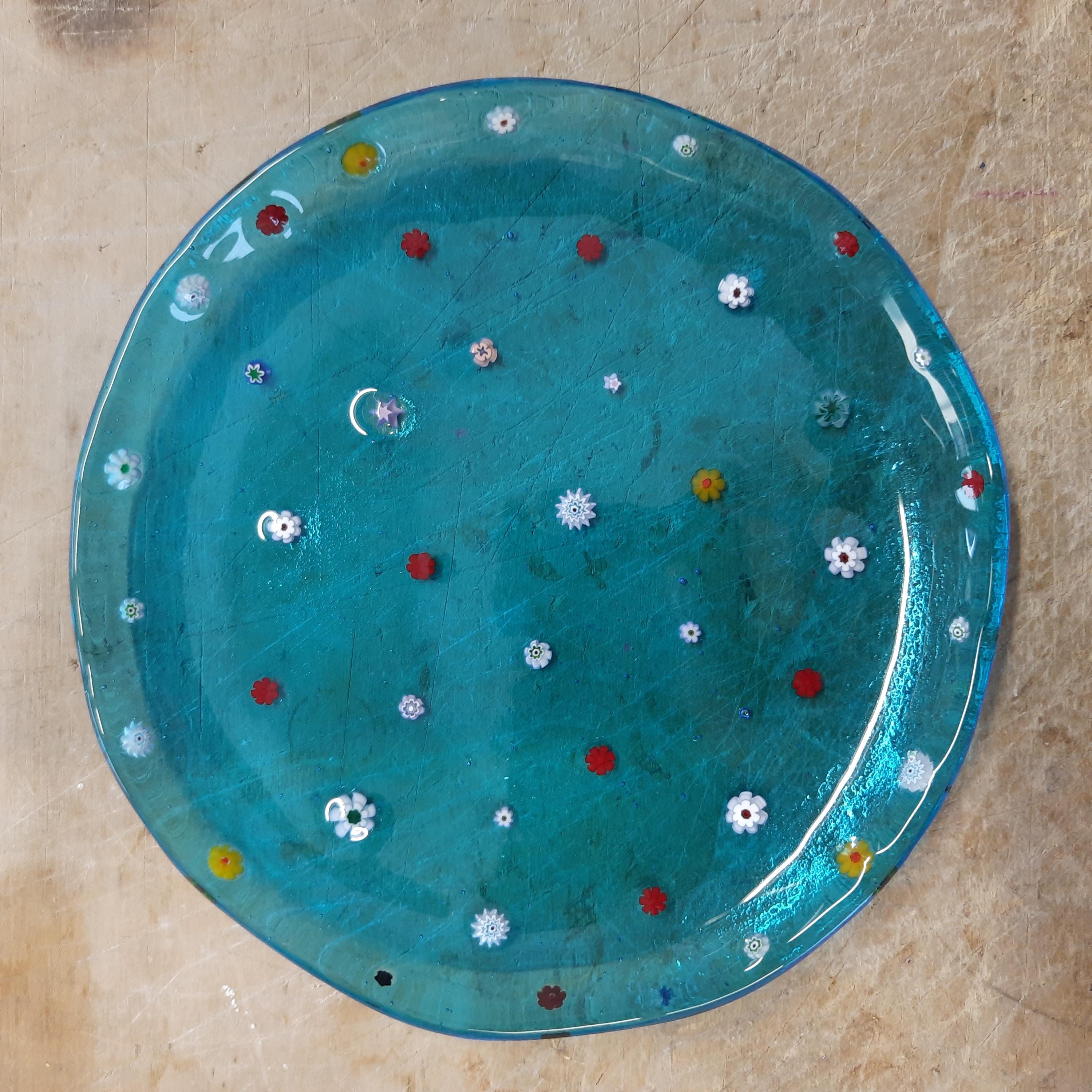 ターコイズ ムラーノガラス プレート（4枚セット）：ミルフィオリ象嵌