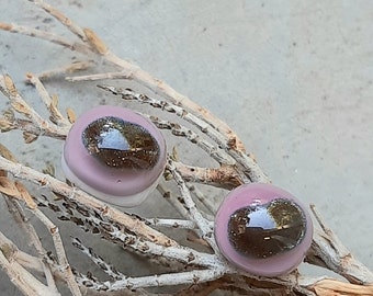 Pink gold aventurin Murano glass stud earrings , fused glass jewellery, sariyer