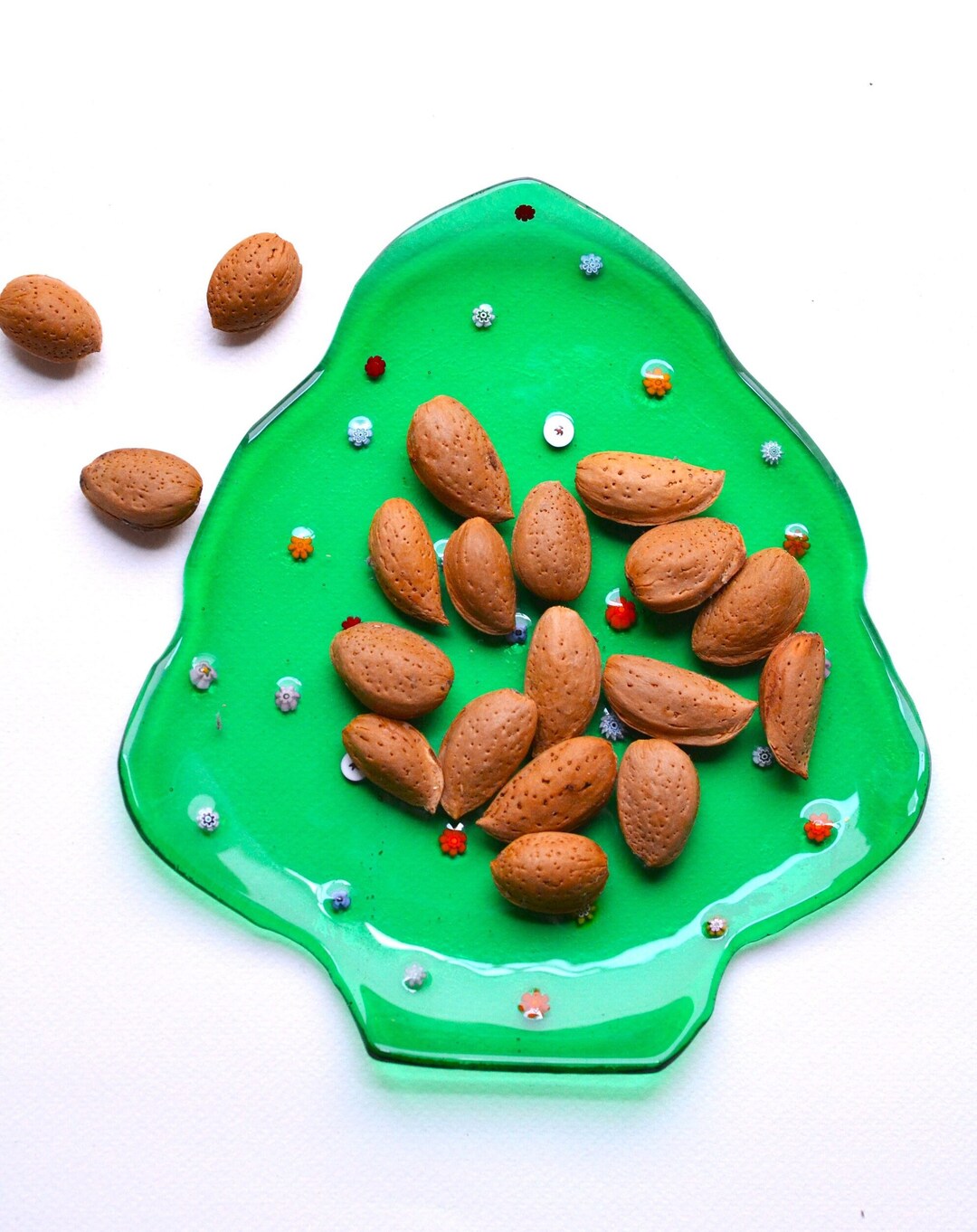 Pine Green Christmas Tree Plate , Green Platter With Mix Color Floral