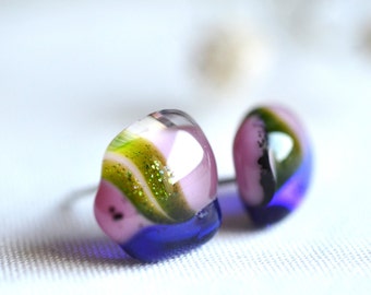 Green aventurine sparkly earrings with cobalt blue and pink glass colorways,  glass stud earrings,  fused glass jewellery