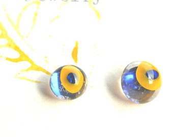 Eye glass stud earrings ,Yellow fused glass jewellery, sariyer