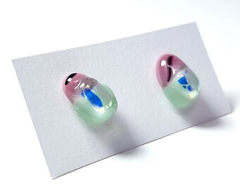 Dichroic pastel pink stud earrings,  Iridescent Mint green powder pink sparkly glass stud earrings, dichroic glass fused glass jewellery