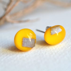 Canary yellow glass stud earrings with sterling silver , fused glass jewellery, sariyer image 3