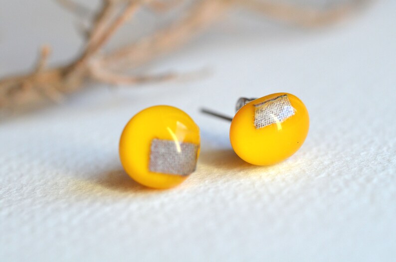 Canary yellow glass stud earrings with sterling silver , fused glass jewellery, sariyer image 3