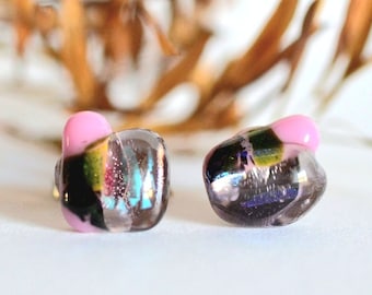 Pink and black sparkling glass stud earrings with sterling silver, fused art glass jewelry