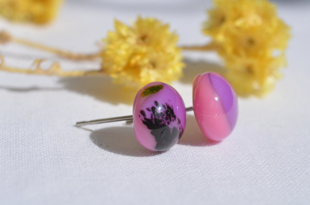 Violet Glass Stud Earrings Violet Glass Posts With Black Etsy