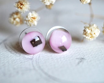 Boucles D'oreilles Clips En Cuivre Et Verre Rose - Longueur 5,5 Cm - Occasion Bon état